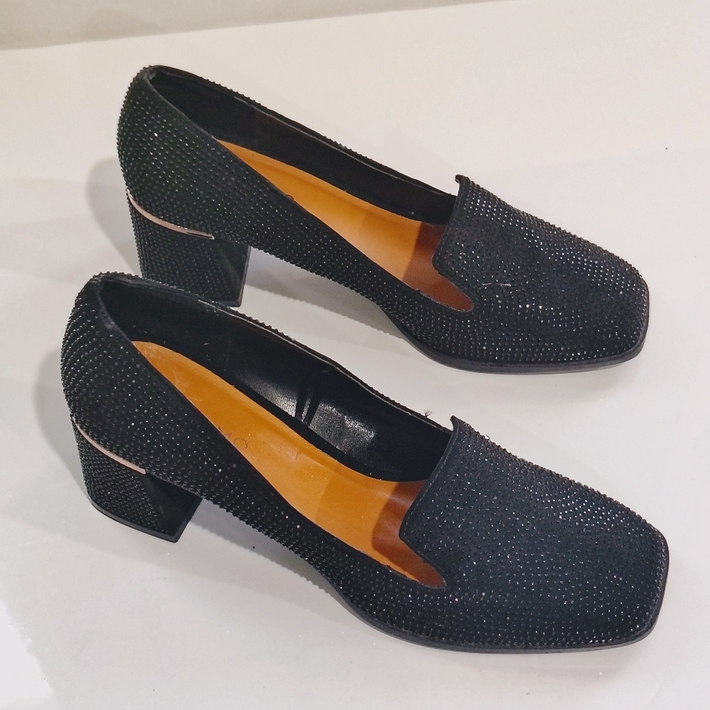 ANDIAMO Black Embellished Block Heel Loafers - Women's Dress Shoes Size 10M
